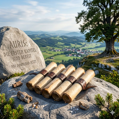 Fünf antike Schriftrollen mit drakonischen Siegeln auf einem sonnenbeschienenen Felsen am Untersberg – die ersten Kapitel der Saga 'Auris – Die Schwingen des Schicksals' als PDF-Download vor dem Panorama von Seekirchen.