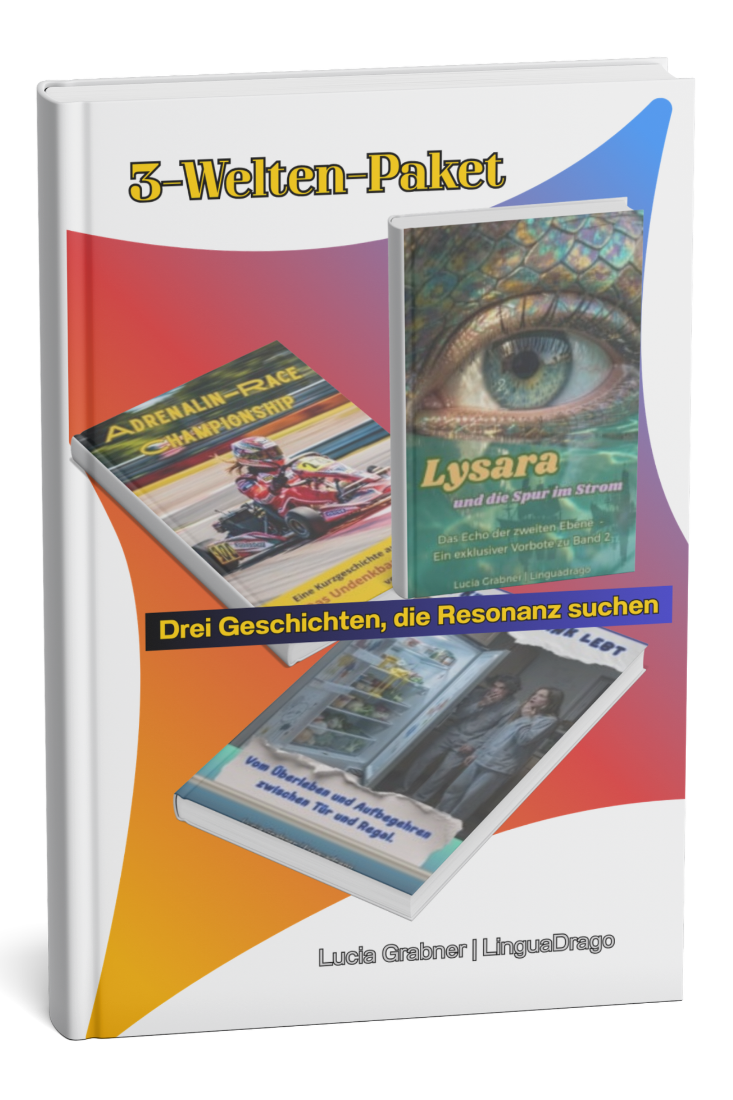 Das „3-Welten-Paket“ von LinguaDrago: Ein exklusives 3D-Cover-Bundle der drei Kurzgeschichten von Lucia Grabner. Es illustriert die Vielfalt der Welten-Schmiede – von rasantem Adrenalin-Speed über die mystische Stille der Wasserwesen bis hin zu humorvollem Alltags-Chaos. Dieses visuelle Versprechen auf drei gegensätzliche Welten lädt Leser dazu ein, Teil der Saga zu werden und die verbindende Kraft der Worte zu entdecken. Das perfekte Willkommensgeschenk für alle neuen Newsletter-Abonnenten.
