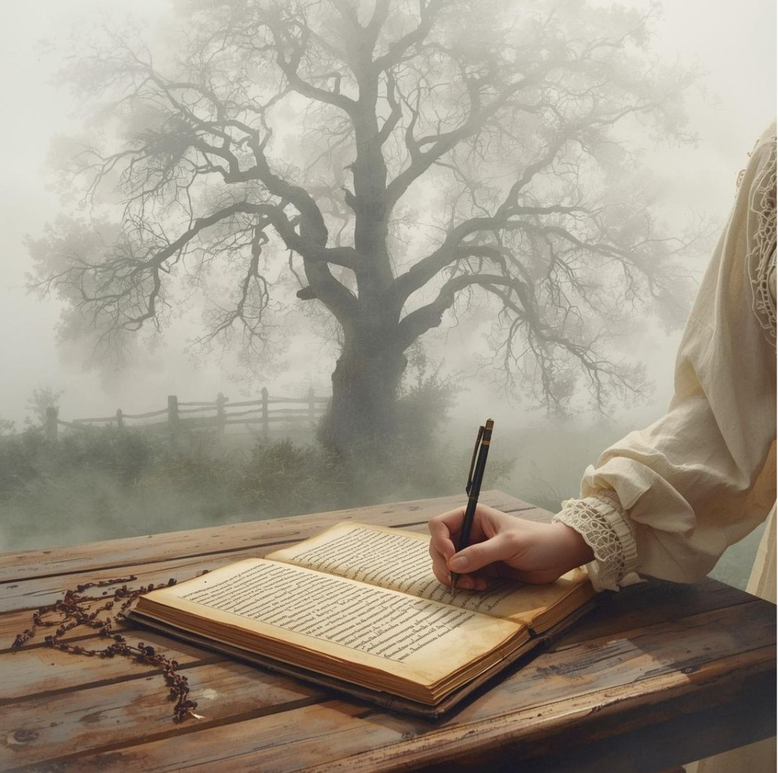 Eine schreibende Hand an einem rustikalen Holztisch vor einem nebligen Baum – Symbol für die Welten-Schmiede von LinguaDrago und den kreativen Entstehungsprozess.