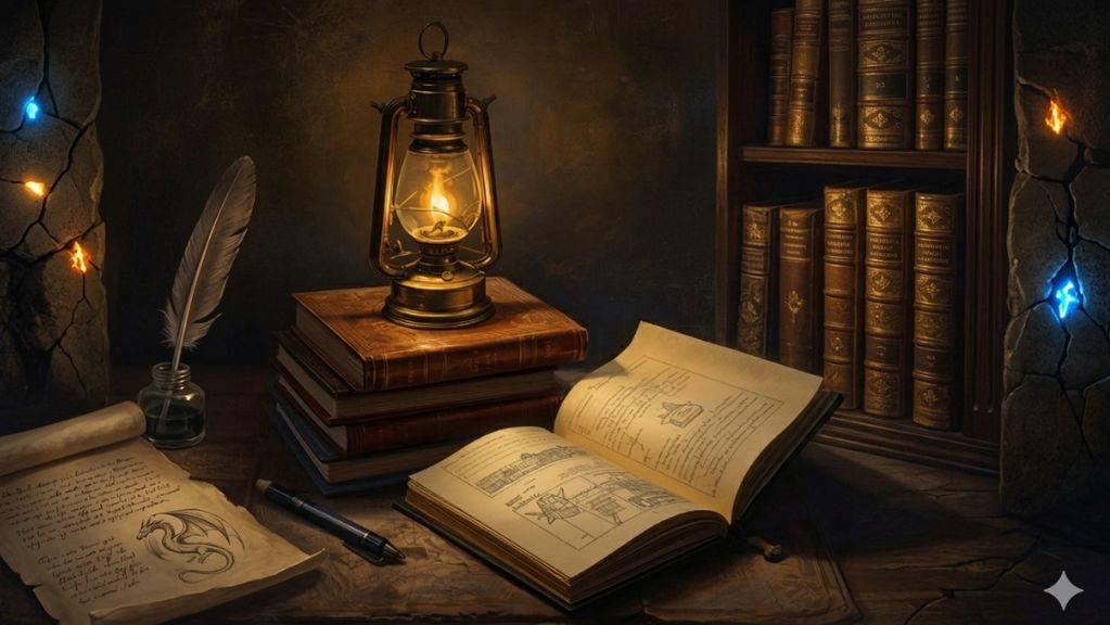 Eine brennende Laterne beleuchtet aufgeschlagene Bücher und eine Schreibfeder. Repräsentiert den Prüfstand POTENZIAL mit praktischen Werkzeugen zur Stärken-Findung, Zeitmanagement und Nutzung persönlicher Potenziale im Alltag.