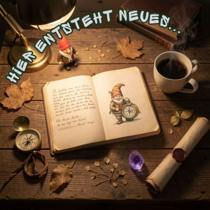 Blick in die Schreibwerkstatt von LinguaDrago: Ein aufgeschlagenes Buch mit Illustrationen, Kaffee und magischen Details als Symbol für neue Geschichten und Mitmachbücher.