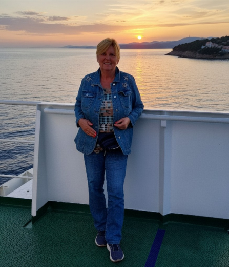 Lucia Grabner, Autorin von LinguaDrago, auf einer Fähre vor Küstenlandschaft bei Sonnenuntergang.