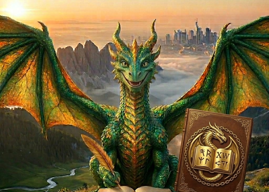 Drache Auris tritt aus dem Nebel in die Sonne – Symbol für das Mitmachbuch Linguadrago.