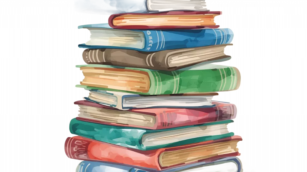 Ein kunstvoll illustrierter Stapel bunter Bücher als Symbol für die Geschichten und Welten von LinguaDrago.