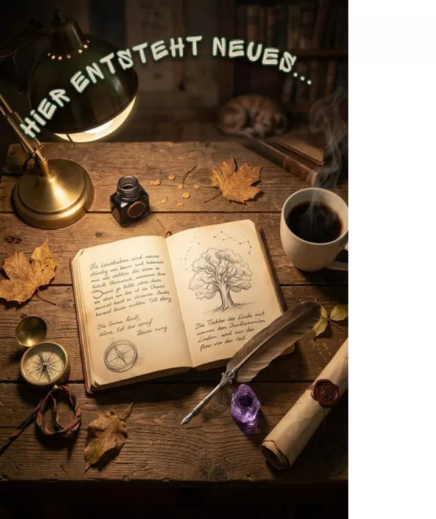 Blick in die Schreibwerkstatt von LinguaDrago: Ein aufgeschlagenes Buch mit Illustrationen, Kaffee und magischen Details als Symbol für neue Geschichten und Mitmachbücher.